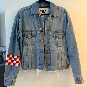 Aviator Nation Denim Jacket with Red Checkered Sleeve